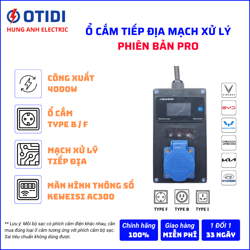 Ổ Cắm Tiếp Địa Mạch Xử Lý Thông Minh OTIDI PRO (Professional) – Chuyên Dùng Cho Xe Ô Tô Điện VinFast, BYD, JAECOO & Các Dòng EV khác | Dây cáp CVV 2x2.5mm